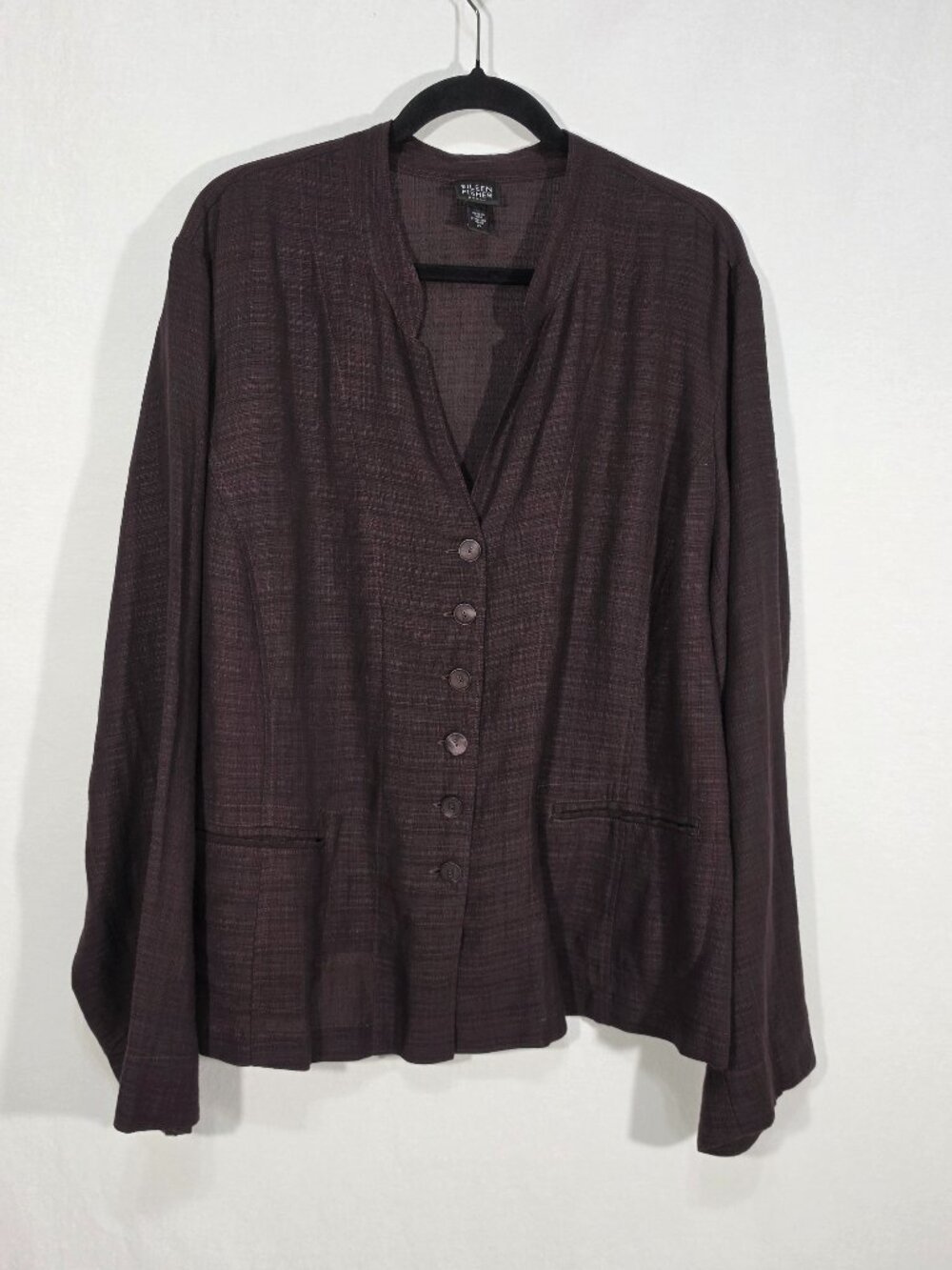 EILEEN FISHER Dark Brown Lightweight Textured Linen Blend Cardigan Plus Size 2X.